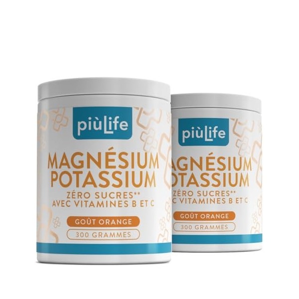 Potassium Magnesium Poudre 600g Orange PiùLife, Avec Vitamine B12, B6, B1, Acide Folique, Vitamine C, Complement Alimentaire ...
