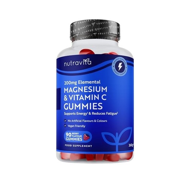 Nutravita Gummies Citrate de Magnésium + Vitamine C – Vegan 2136mg de citrate avec 200mg Mg. Le magnésium contribue à un méta