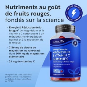 Nutravita Gummies Citrate de Magnésium + Vitamine C – Vegan 2136mg de citrate avec 200mg Mg. Le magnésium contribue à un méta
