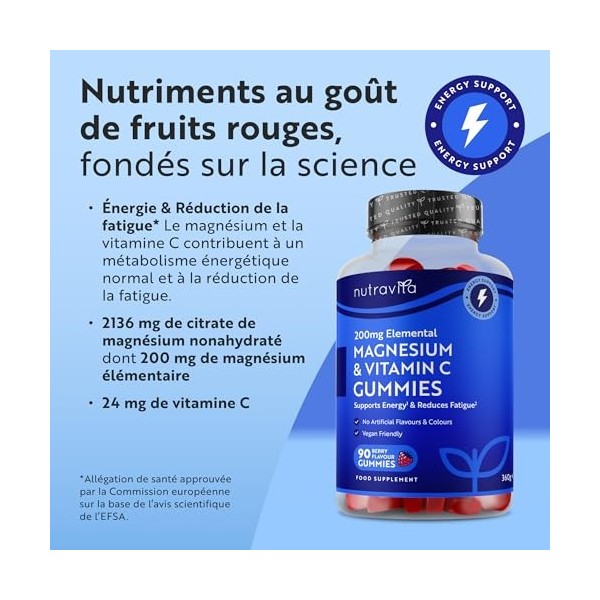 Nutravita Gummies Citrate de Magnésium + Vitamine C – Vegan 2136mg de citrate avec 200mg Mg. Le magnésium contribue à un méta