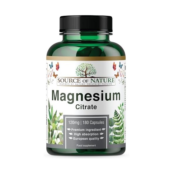 Magnésium Citrate haute dose – 180 gélules véganes | 750 mg par gélule dont 120 mg magnésium élémentaire | Haute biodisponibi