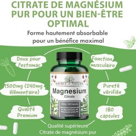 Magnésium Citrate haute dose – 180 gélules véganes | 750 mg par gélule dont 120 mg magnésium élémentaire | Haute biodisponibi