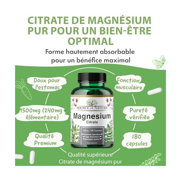 Magnésium Citrate haute dose – 180 gélules véganes | 750 mg par gélule dont 120 mg magnésium élémentaire | Haute biodisponibi