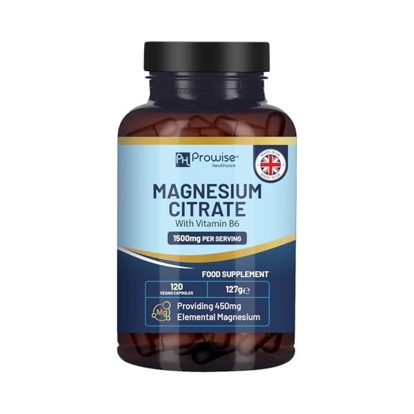 Gélules de citrate de magnésium 1500 mg avec vitamine B6 | 120 gélules végétaliennes | 450 mg de magnésium élémentaire | Gélu...