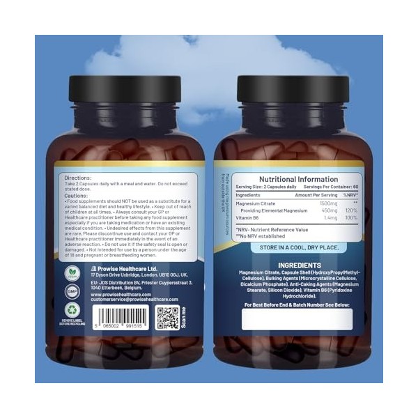 Gélules de citrate de magnésium 1500 mg avec vitamine B6 | 120 gélules végétaliennes | 450 mg de magnésium élémentaire | Gélu...