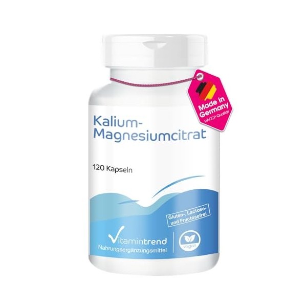 Citrate de potassium et de magnésium - avec 900mg de potassium et 240mg de magnésium par dose journalière - 120 gélules - hau