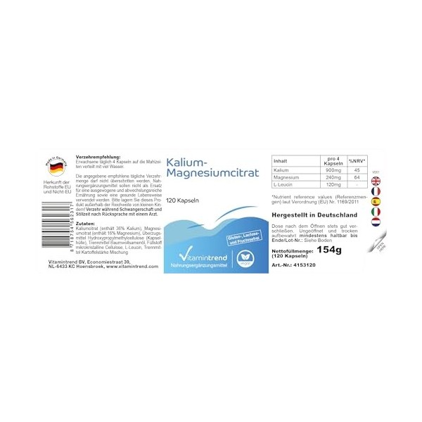 Citrate de potassium et de magnésium - avec 900mg de potassium et 240mg de magnésium par dose journalière - 120 gélules - hau