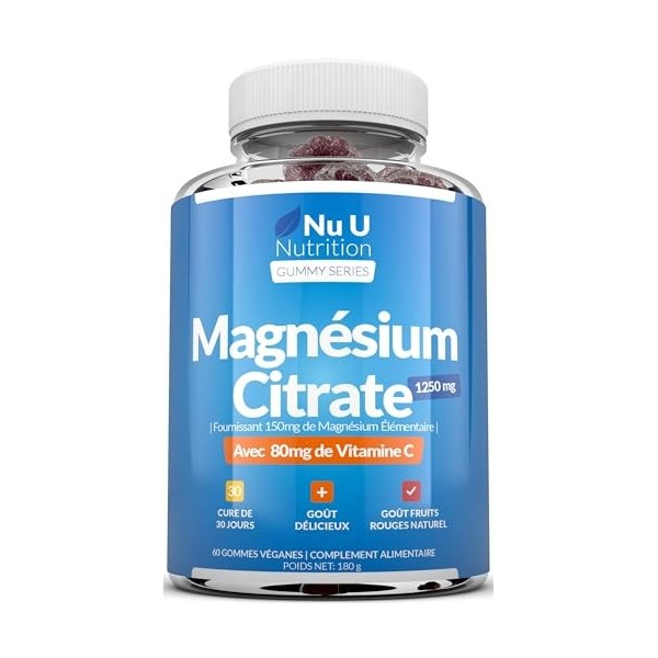 Citrate de Magnésium avec Vitamine C Gummies pour Adultes et Enfants 5+ | 60 Gommes Véganes Fruits Rouges - 150mg Magnésium