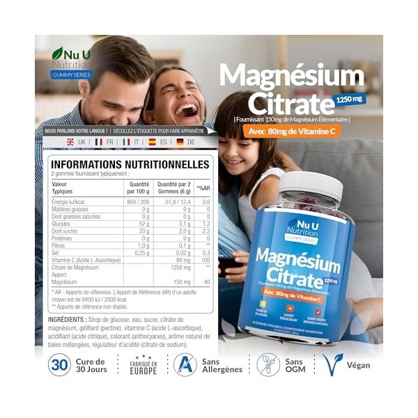 Citrate de Magnésium avec Vitamine C Gummies pour Adultes et Enfants 5+ | 60 Gommes Véganes Fruits Rouges - 150mg Magnésium