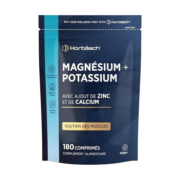 Magnesium Potassium + Zinc Calcium | 180 Comprimés Vegan | Magnesium Complex Avec Fer, Vitamine B12 et Vitamine B6 | Compleme