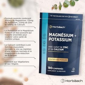 Magnesium Potassium + Zinc Calcium | 180 Comprimés Vegan | Magnesium Complex Avec Fer, Vitamine B12 et Vitamine B6 | Compleme