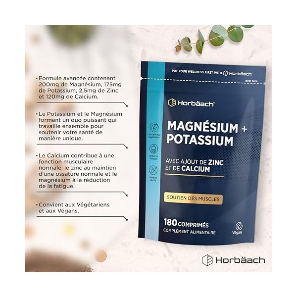 Magnesium Potassium + Zinc Calcium | 180 Comprimés Vegan | Magnesium Complex Avec Fer, Vitamine B12 et Vitamine B6 | Compleme