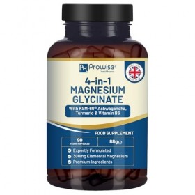 Glycinate de magnésium 4 en 1 enrichi en KSM-66, ashwagandha, curcuma et vitamine B6 | 90 capsules végétaliennes | 4 001 mg p