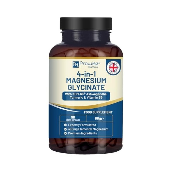 Glycinate de magnésium 4 en 1 enrichi en KSM-66, ashwagandha, curcuma et vitamine B6 | 90 capsules végétaliennes | 4 001 mg p