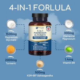 Glycinate de magnésium 4 en 1 enrichi en KSM-66, ashwagandha, curcuma et vitamine B6 | 90 capsules végétaliennes | 4 001 mg p