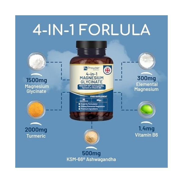 Glycinate de magnésium 4 en 1 enrichi en KSM-66, ashwagandha, curcuma et vitamine B6 | 90 capsules végétaliennes | 4 001 mg p