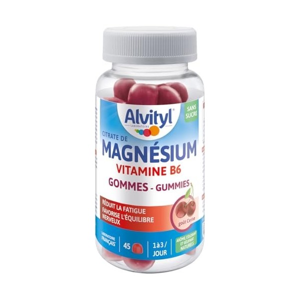 Alvityl Magnésium Gummies goût Cerise - Vitamine B6 – Sans Sucre - Aide à réduire la fatigue - Favorise l’équilibre nerveux –...