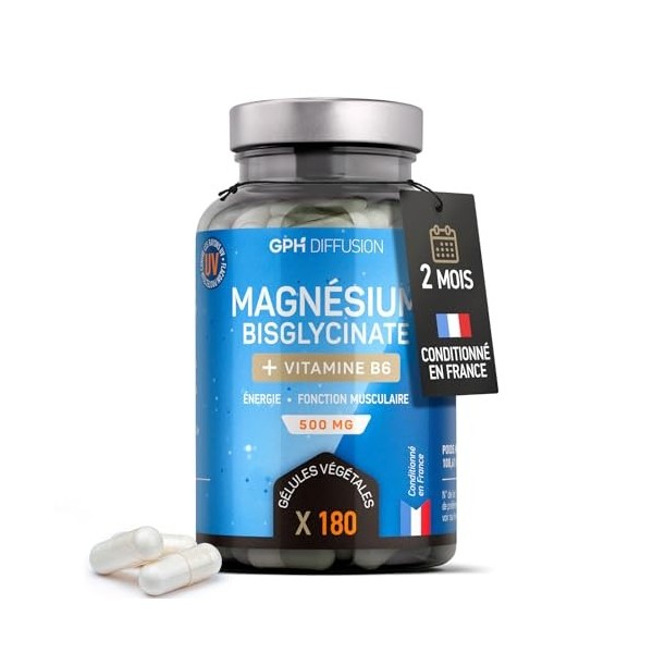 Magnésium Bisglycinate + Vitamine B6-500 mg - 180 gélules végétales et vegan - sommeil, stress, factigue - Absortion maximale...