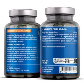 Magnésium Bisglycinate + Vitamine B6-500 mg - 180 gélules végétales et vegan - sommeil, stress, factigue - Absortion maximale...