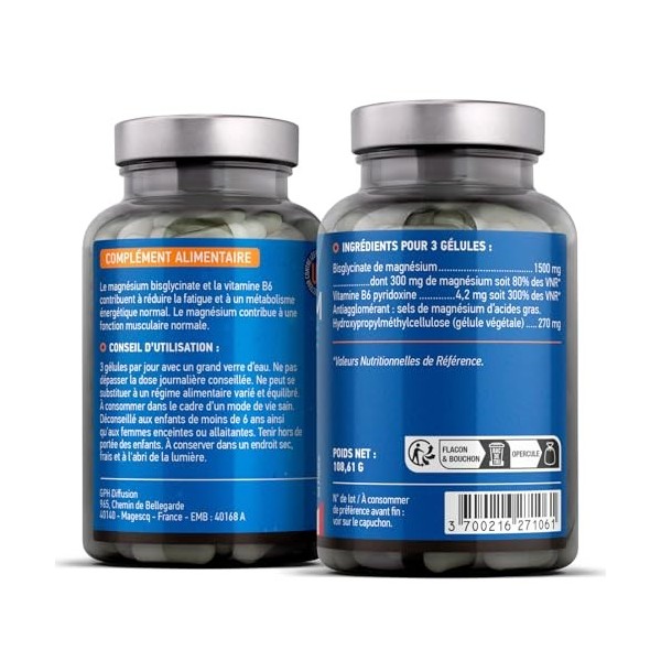 Magnésium Bisglycinate + Vitamine B6-500 mg - 180 gélules végétales et vegan - sommeil, stress, factigue - Absortion maximale...