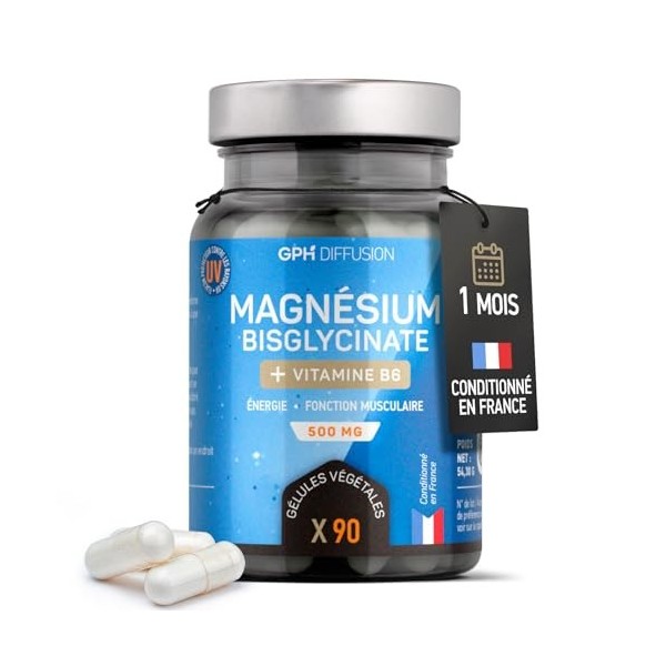 Magnésium Bisglycinate + Vitamine B6-500 mg - 180 gélules végétales et vegan - sommeil, stress, factigue - Absortion maximale...