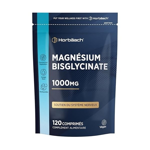 Magnesium Bisglycinate 1000mg | 120 Comprimés Végan | Magnésium Glycinate | Complement Alimentaire Haute Absorption | Horbaac