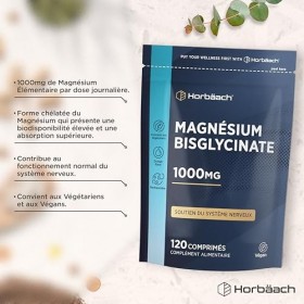 Magnesium Bisglycinate 1000mg | 120 Comprimés Végan | Magnésium Glycinate | Complement Alimentaire Haute Absorption | Horbaac