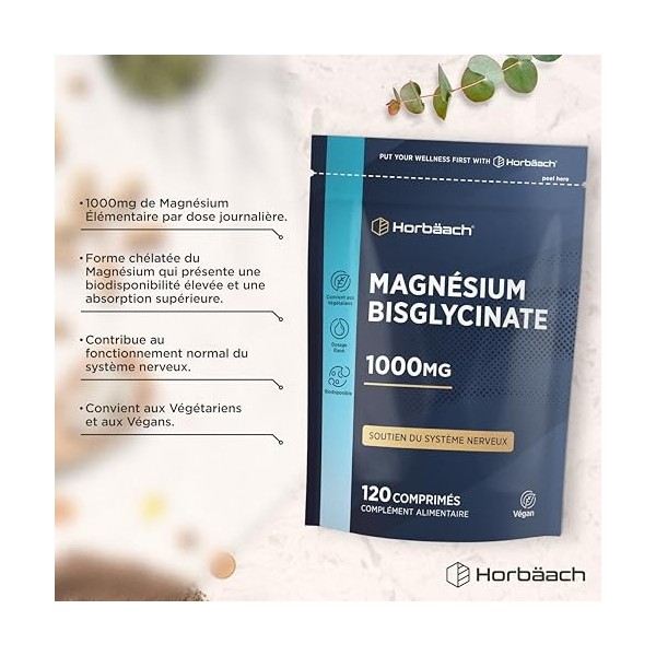 Magnesium Bisglycinate 1000mg | 120 Comprimés Végan | Magnésium Glycinate | Complement Alimentaire Haute Absorption | Horbaac
