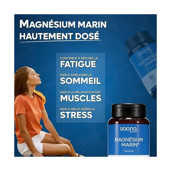 Magnésium Marin 300 mg - Vitamine B6 | Fatigue - Stress - Sommeil | 4 mois de cure | 120 Gélules | Fabriqué en France
