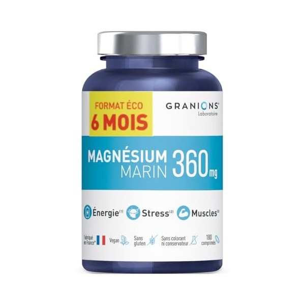 GRANIONS - Magnesium Marin 360 mg - Pillulier FORMAT 6 MOIS - Magnésium + Vitamine B6 - Anti Stress - Magnésium Marin de Haut...