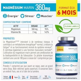 GRANIONS - Magnesium Marin 360 mg - Pillulier FORMAT 6 MOIS - Magnésium + Vitamine B6 - Anti Stress - Magnésium Marin de Haut...