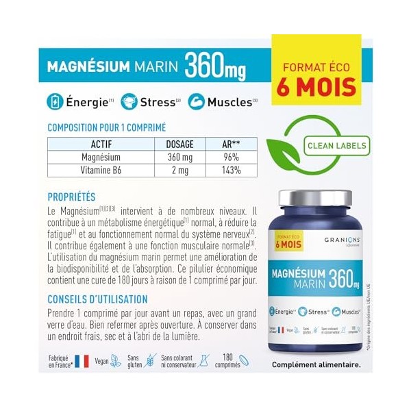 GRANIONS - Magnesium Marin 360 mg - Pillulier FORMAT 6 MOIS - Magnésium + Vitamine B6 - Anti Stress - Magnésium Marin de Haut...