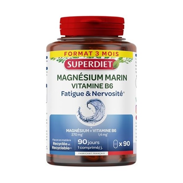 SUPERDIET - Magnésium Marin et Vitamine B6 - Réduction de la fatigue, Bon fonctionnement du système nerveux- 90 comprimés Mag...