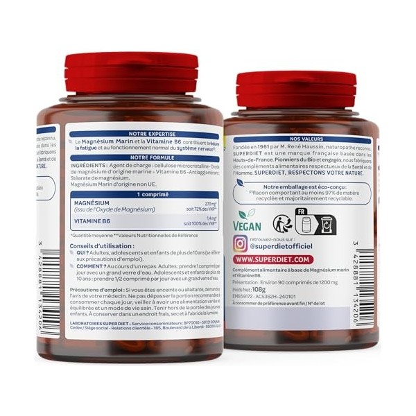 SUPERDIET - Magnésium Marin et Vitamine B6 - Réduction de la fatigue, Bon fonctionnement du système nerveux- 90 comprimés