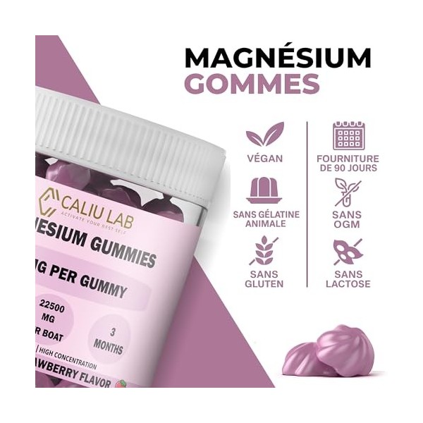 CALIU GUMMY | Gommes Magnésium Citrate 250 mg | 90 Gummies Goût Fraise | Réduit Stress & Fatigue | Favorise Sommeil Réparateu