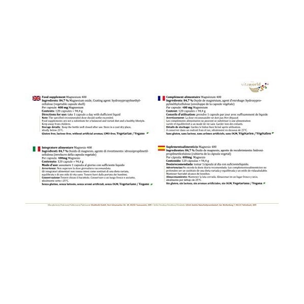 Vita World Magnésium 400mg 120 capsules Made in Germany