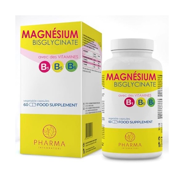Magnesium bisglycinate avec Vitamine B5, B6 et B1 – Complément alimentaire de 60 gélules avec 250 mg de bisglycinate de magné...