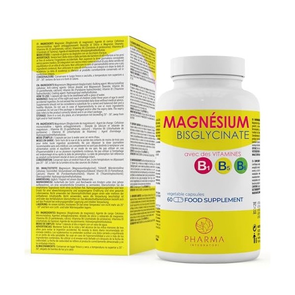 Magnesium bisglycinate avec Vitamine B5, B6 et B1 – Complément alimentaire de 60 gélules avec 250 mg de bisglycinate de magné