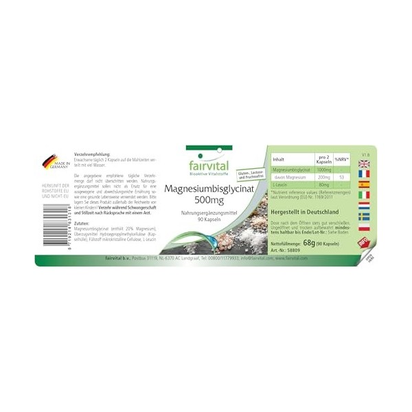 Fairvital | Magnésium bisglycinate 500mg - avec 200mg de magnésium par dose journalière - 90 gélules - qualité contrôlée et h