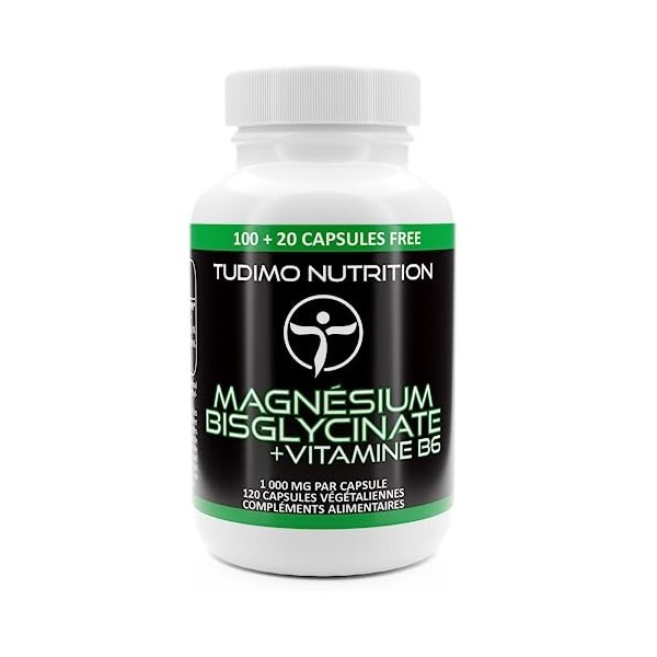 Magnésium Bisglycinate Vegan avec Vitamine B6 – 1000mg | 200mg de Magnésium Élémentaire + Vit B6 – 120 Capsules 4 mois à Dé