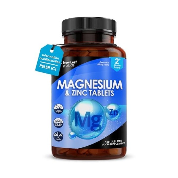 120 Comprimés Magnésium 516 mg, Compléments de Magnésium avec Zinc, Soutient la Fonction Normale des Muscles et des Os, Comba