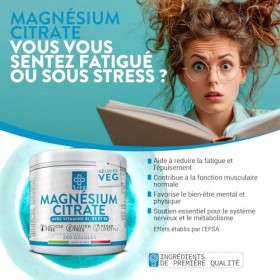 Magnesium Citrate 300mg Par Dose PiùLife, 2 Par Jour Avec Vitamine B6 B5 B1, Complément Citrate De Magnesium Pur, Système Ner...