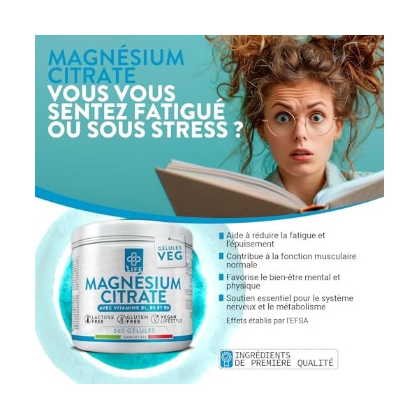 Magnesium Citrate 300mg Par Dose PiùLife, 2 Par Jour Avec Vitamine B6 B5 B1, Complément Citrate De Magnesium Pur, Système Ner...