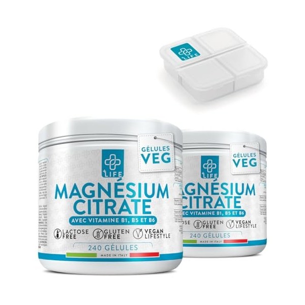 Magnesium Citrate 300mg Par Dose PiùLife, 2 Par Jour Avec Vitamine B6 B5 B1, Complément Citrate De Magnesium Pur, Système Ner...