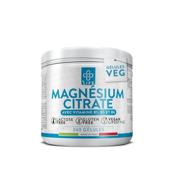 Magnesium Citrate 300mg Par Dose PiùLife, 2 Par Jour Avec Vitamine B6 B5 B1, Complément Citrate De Magnesium Pur, Système Ner...
