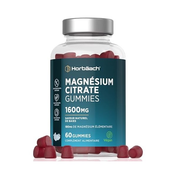 Magnésium Gummies Adulte | Magnesium Citrate | Alternative to Iron Tablets | 60 Vegan Gummies | by Horbaach