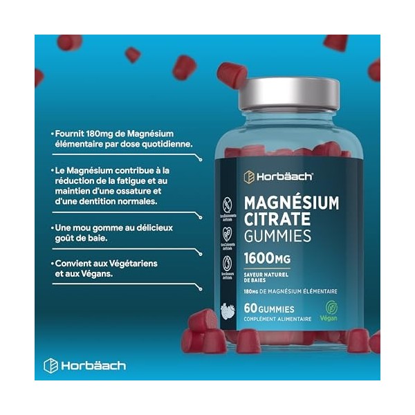 Magnésium Gummies Adulte | Magnesium Citrate | Alternative to Iron Tablets | 60 Vegan Gummies | by Horbaach