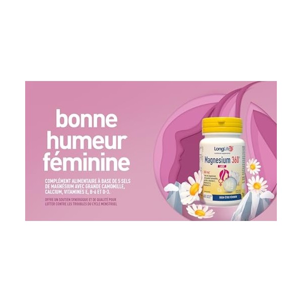 LongLife® Magnesium 360 Lady | Troubles menstruels et ménopause | 5 sels de magnésium à haute biodisponibilité | Extrait de g