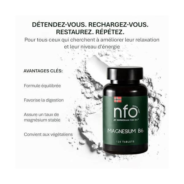 NFO Magnésium B6 [120 comprimés] Complexe naturel norvégien de magnésium et de vitamine B6 pour la régulation du système nerv
