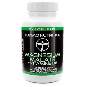 Magnésium Malate Vegan avec Vitamine B6 – 1000mg | 150mg de Magnésium Élémentaire + Vit B6 – 75 Capsules 2+ mois à Désintég